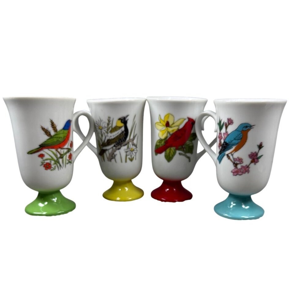 Decorative Pedestal Coffee Mugs Fred Roberts 4 Different Birds Colorful Kitchen